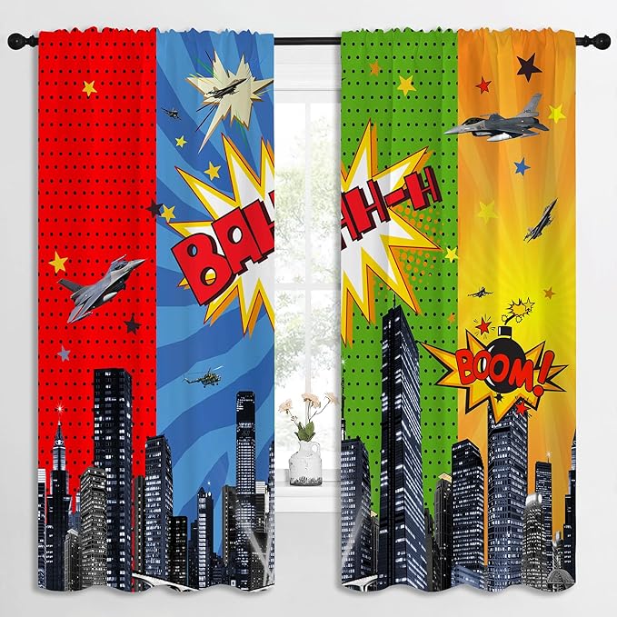 Superhero Rod Pocket Blackout Curtains for Boy Girl Bedroom, City War Explosion Comics Art Home Energy Efficient Light Filtering Window Curtain for Living Room, 84x63 inch