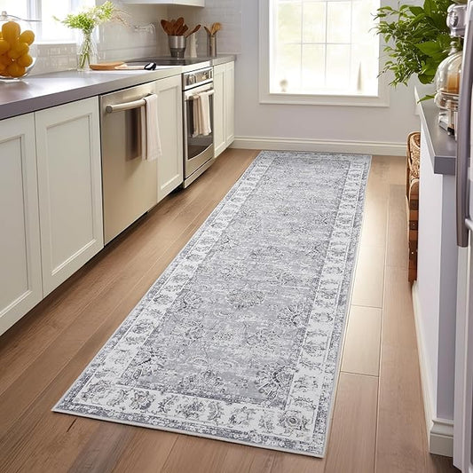 jinchan Hallway Runner Rug 3x8 Washable Runner - Vintage Floral Non Slip Low-Pile Soft Thin Faux Wool Kitchen Rug Distressed Carpet for Farmhouse Bedroom Laundry Room(3x8ft,Grey)
