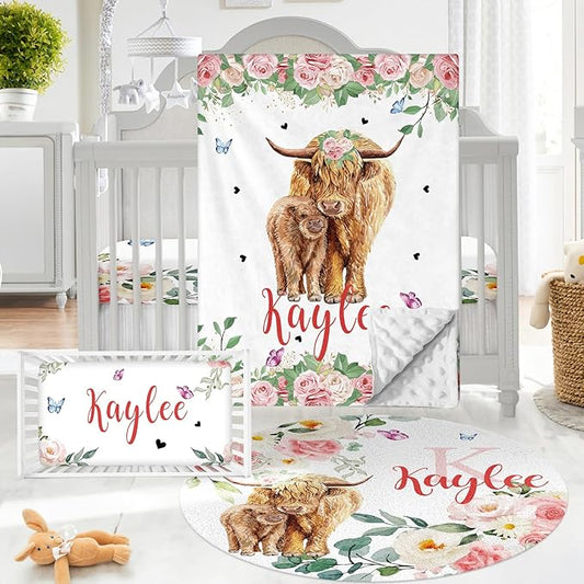 Personalized Baby Crib Bedding Set - Custom Name Highland Cattle Design 3 Pcs Set - Soft Blanket with Double Layer Dotted Backing, Fitted Sheet, Room Rug for Newborns Boys Girls Shower Gift