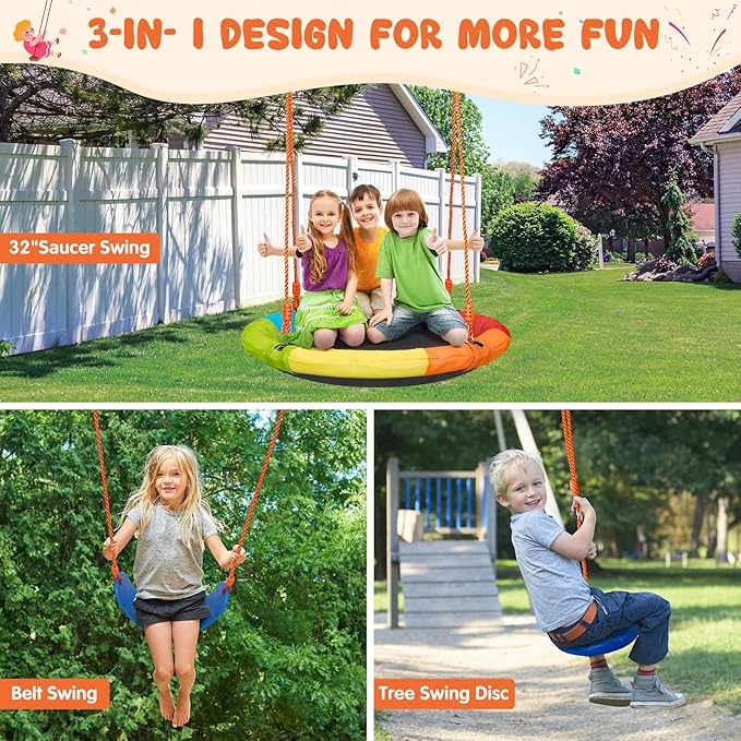 Swing Sets for Backyard, Outdoor Toys for Kids, Heavy Duty Metal A-Frame Swing Set Holds 440 lbs with 32" Saucer Seat, 26.2" Seat and Tree Disc