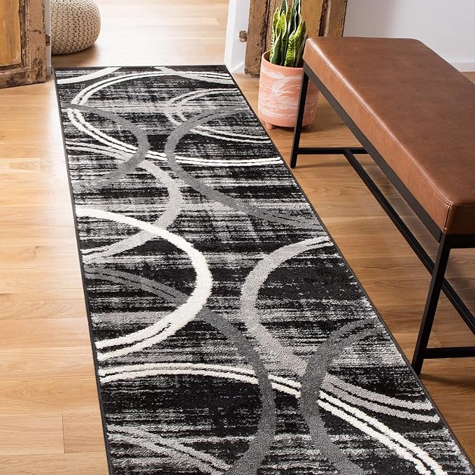 Rugshop Modern Wavy Circles Design Runner Rug 2' x 7'2" Black