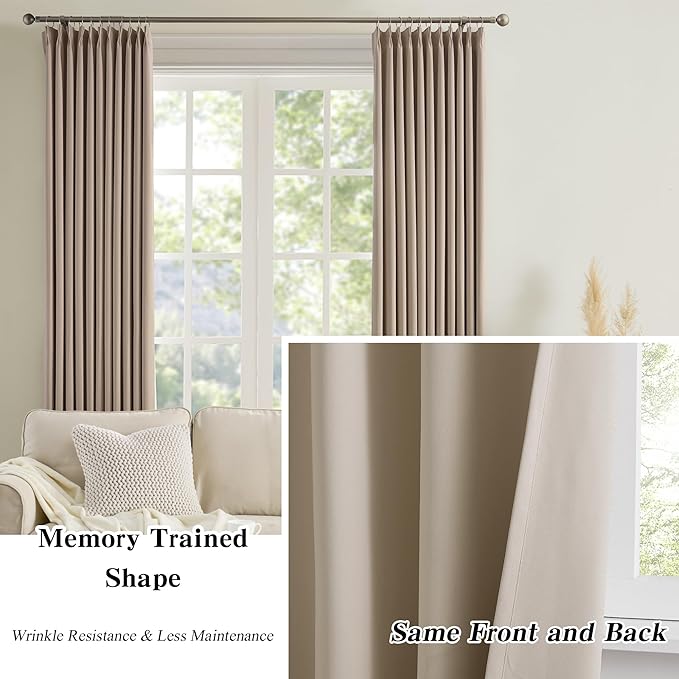 Pinch Pleated Patio Sliding Door Curtains 95 Inch Length, Blackout Room Divider Vertical Blinds Curtain Drapes for Living Room Dining Room French Door(Khaki, 100 Inch Wide per Panel, 2 Panels)