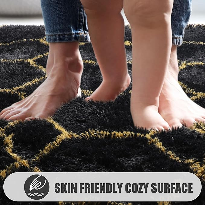ONASAR 6x9 Area Rugs for Living Room Bedroom, Washable Large Fluffy Black and Gold Throw Rug, Geometric Soft Plush Shaggy Fuzzy Floor Carpet for Nursery Kids Girls Boys Teen Dorm Home Office Decor