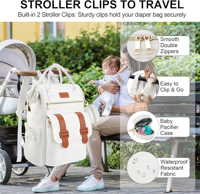 PIIOSER Diaper Bag Backpack with Ice Pack, Large Capacity & Waterproof Convertible Diaper Bag Tote for Moms Dads, Insulated Baby Tote Bag with Changing Pad, Stroller Straps & Pacifier Case, Cream