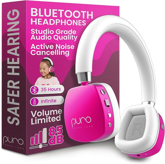 Puro Sound Labs PuroQuiet Plus Noise Cancelling Headphones for Kids, Bluetooth Kids On Ear Headphones with Mic, Lightweight On-Ear Design, Studio-Grade Sound (Pink)