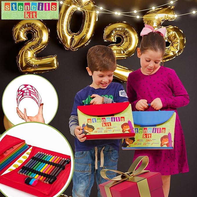Drawing Stencils for Kids Kit & Carry Case – – Child-Safe, Non-Toxic Stencil Set with 300 Shapes, Colored Pencils, Paper, Etc. – Birthday Gifts & Travel Art Supplies for Creativity, Learning and Fun