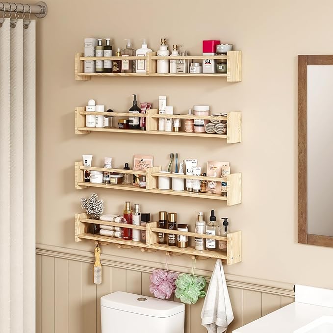 34Inch Nursery Bookshelves,Set of 4,Wall Floating Shelf Kids Coat Rack with 6Hooks,Hanging Book Shelf for Baby Nursery Room Décor， Patent Number: 29958098(Burlywood, 34)