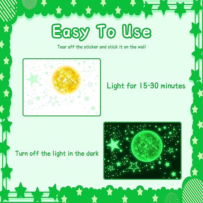 965 PCS Glow in The Dark Stars and Sun for Ceiling, Luminous Stars and Planet Wall Decals, Kids Room Decor, Glowing Galaxy Wall Stickers for Nursery Decorations (Green)