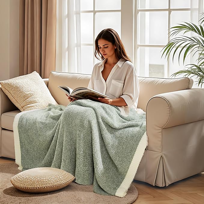 NEXHOME PRO Twin Size Super Soft Throw Blankets for Couch, Cozy Blankets Reversible Warm Knit Blanket for Women, Fuzzy Plush Lightweight Throws for Sofa, Bed, Picnic, Sage Green White, 60 x 80 inches