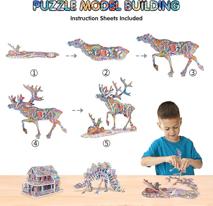 BEARUN 3D Coloring Puzzle Set, Arts and Crafts for Girls and Boys Age 6 7 8 9 10 11 12 Year Old, Fun Educational Painting Crafts Kit with Supplies for Kids, Birthday Toy Gift for Kids