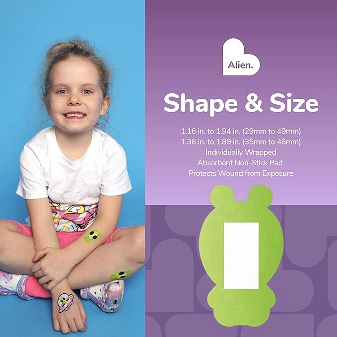 BioSwiss Bandages, Halloween Alien Shaped Self Adhesive Bandage, Latex Free Sterile Wound Care, Fun First Aid Kit Supplies for Kids, 24 Count