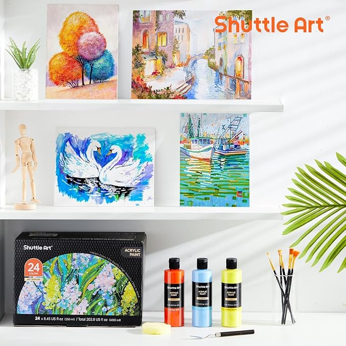 Shuttle Art Acrylic Paint, 24 Colors Acrylic Paint Bottle Set, 250ml/8.45oz Each, Rich Pigments, High Viscosity, Bulk for Artists, Beginners and Kids Painting on Rocks Crafts Canvas Wood