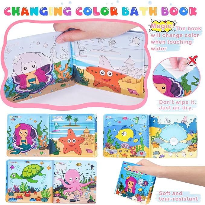 Light Up Bath Toys for Toddlers Kids Girls Baby, No Hole Glow Bath Toys with Bath Book & Organizer, Led Light Bath Time Water Toys for Bath Tubs Bathrooms Pool, Gift for Toddlers Girls Infants