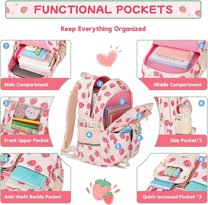 Backpack for Girls 3pcs Set Kids Backpack with Lunch Box Students Kawaii Book Bag for Elementary Primary Middle School Bags - Ita Backpack - Strawberry