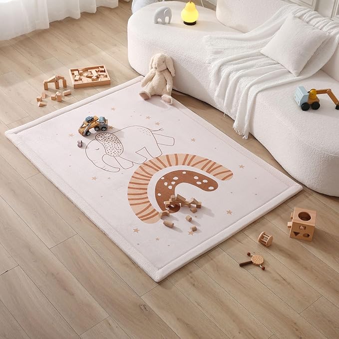 Stylish Coral Baby Play Mat for Floor 47" x 67" Rainbow Elephant – Soft 1" Thick High-Density Memory Foam Nursery Rug,Kids Rug with Non-Slip Backing for Crawling & Playing, Playroom Rug, Kids Carpet