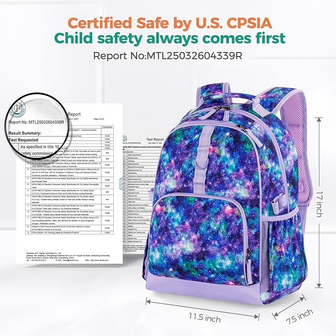 Choco Mocha Galaxy Backpack for Girls, Elementary School Backpack for Girls Ages 6-8 Kids Kindergarten Backpack Bookbag 17 Inch with Chest Strap, Purple