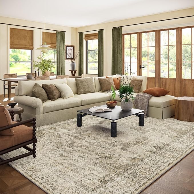 Washable Area Rugs for Living Room: 8x10 Bedroom Area Rugs Boho Vintage Rugs Stain Resistant Non Slip Low Pile Soft Lightweight Carpet for Kitchen Dining Room Farmhouse Nursery Kids Room Home Office
