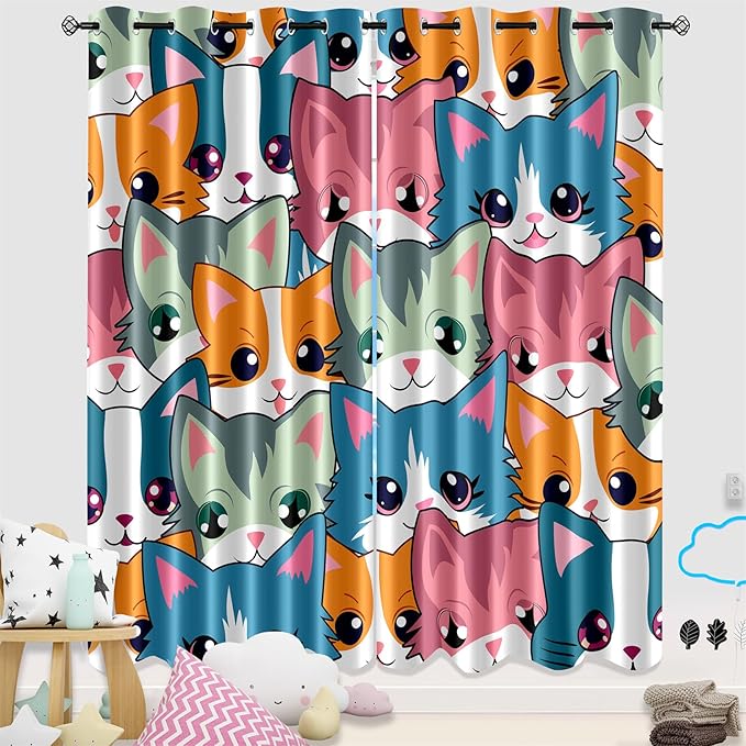 Cat Curtain Panels for Girls - 2Pcs Cat Blackout Curtains for Girls Bedroom, 84W x 84L