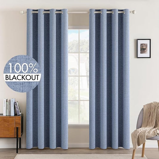MIULEE Linen Texture Curtains for Bedroom Solid 100% Blackout Thermal Insulated Stone Blue Curtains Grommet Room Darkening Drapes Luxury Decor for Living Room Nursery 52x84 Inch (2 Panels)