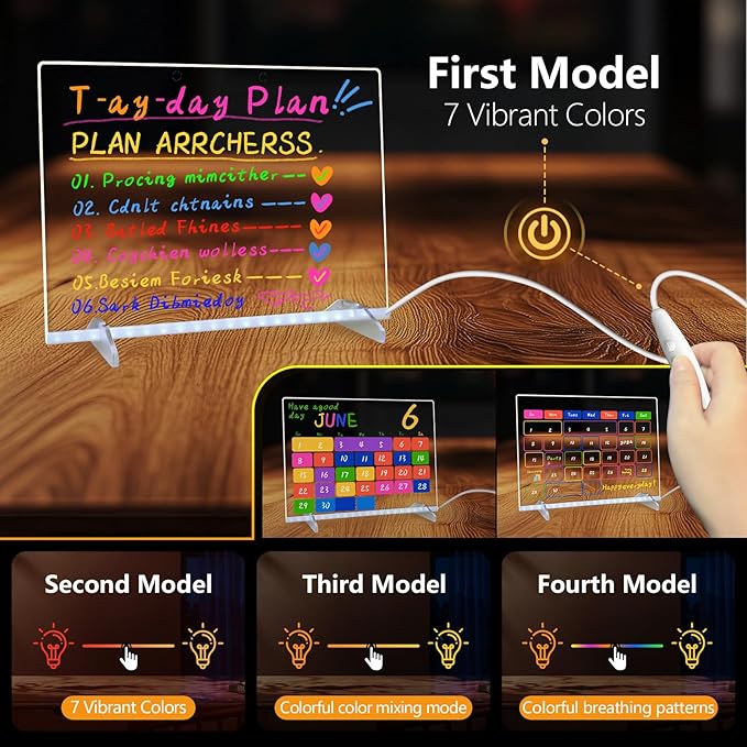 LED Note Board with Colors, 13.7"X10" 4 Modes &7 Colors Acrylic Dry Erase Boards with Light, Include Adapter, Hanging Chain, Led Drawing Board for Kids with Stand,7 Markers, Spray Bottle