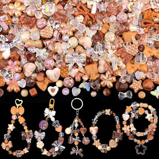 Assorted 170-230PCS Brown Acrylic Beads for Bracelet Making, Flower Bow Butterfly Candy GummyBear Aesthetic Bracelet Charms,Cute Beads for Jewelry Making DIY Necklace Keychain Phone Charm
