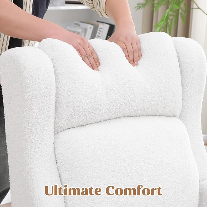 Rocking Chair Nursery, Nursing Rocking Chairs for Mom Nursery, Comfy Wingback Glider Rocking Armchair with Side Pocket for Nursery Living Room Bedroom, Teddy White