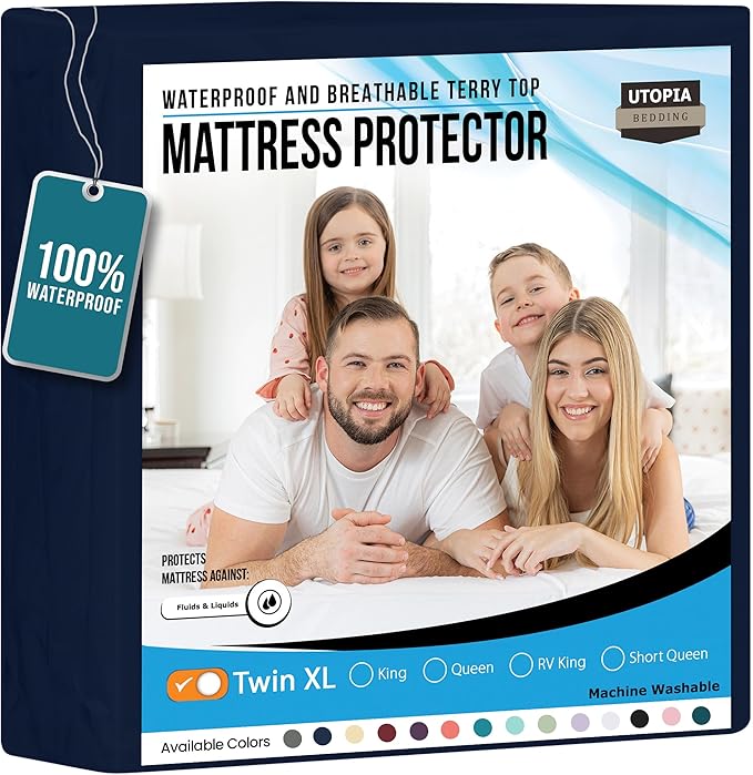 Utopia Bedding Waterproof Mattress Protector Twin XL Size, Premium Terry Mattress Cover 200 GSM, Breathable, Fitted Style with Stretchable Pockets (Navy)