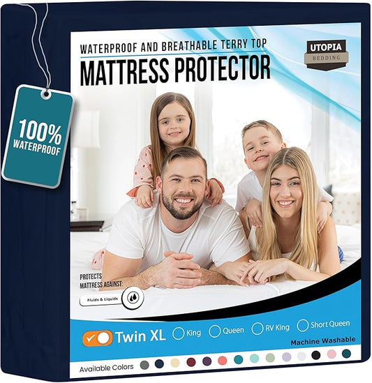 Utopia Bedding Waterproof Mattress Protector Twin XL Size, Premium Terry Mattress Cover 200 GSM, Breathable, Fitted Style with Stretchable Pockets (Navy)