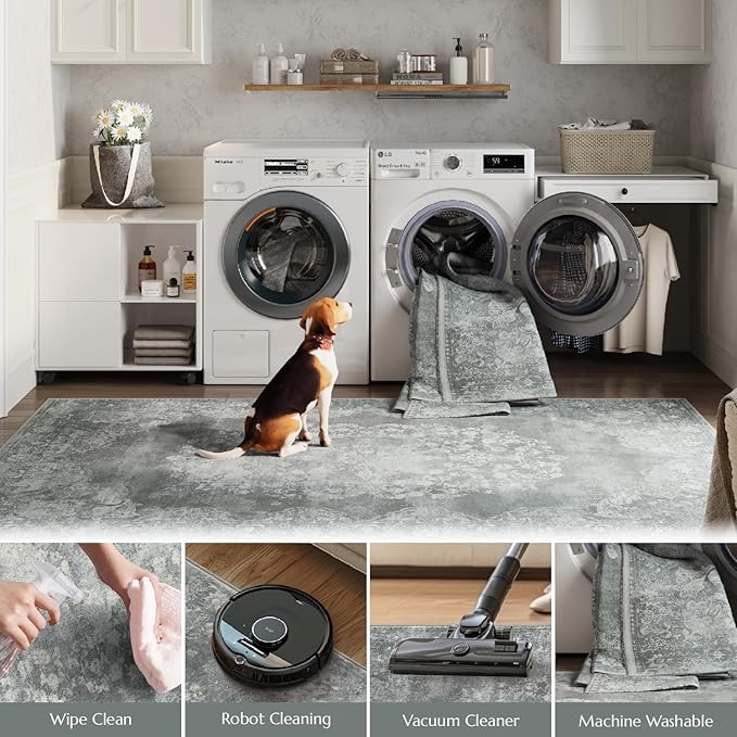 jinchan Vintage Floral 5x7 Area Rugs - Machine Washable Distressed Design Soft Ultra-Thin Low-Pile Non-Slip Carpet for Kitchen Bedroom Nursery Living Room Dining Room Home Office (5x7ft,Grey)