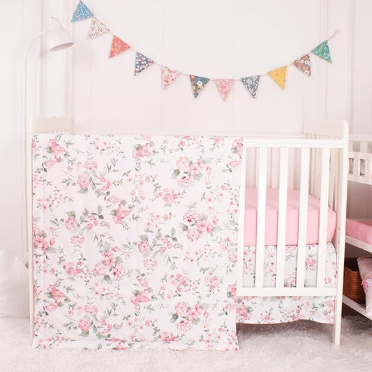 CaSaJa Baby 3-Piece Crib Bedding Set for Boys Girls, Including Soft Quilted Comforter(Blanket), Fitted Crib Sheet and Skirt, Soft Nursery Bedding Set Made of Silky Comfy Materials, Watercolor Floral