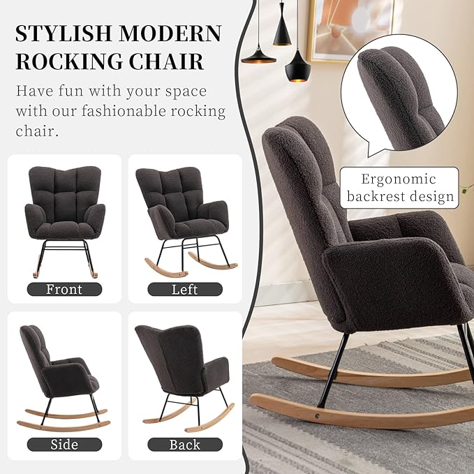 NIOIIKIT Nursery Rocking Chair Teddy Upholstered Glider Rocker Rocking Accent Chair Padded Seat with High Backrest Armchair Comfy Side Chair for Living Room Bedroom Offices (Dark Grey)