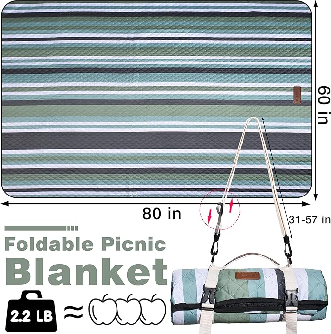 Waterproof Picnic Blanket 80" x 60" in Portable with Carry Strap for Beach Mat or Family Outdoor Camping Party, Park Blanket for Grass Park, Hiking, Travel, Concerts (Green&White, 80" x 60")