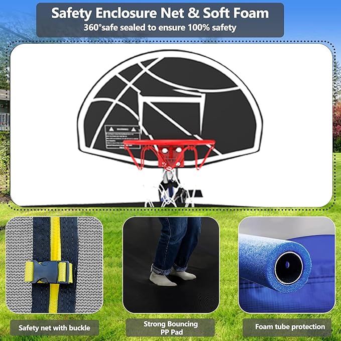 Upgraded Trampoline 8FT/10FT/12FT/14FT With Basketball Hoop, Light, Sprinkler, Stakes - Outdoor Backyard for 4-6 Kids and Adults
