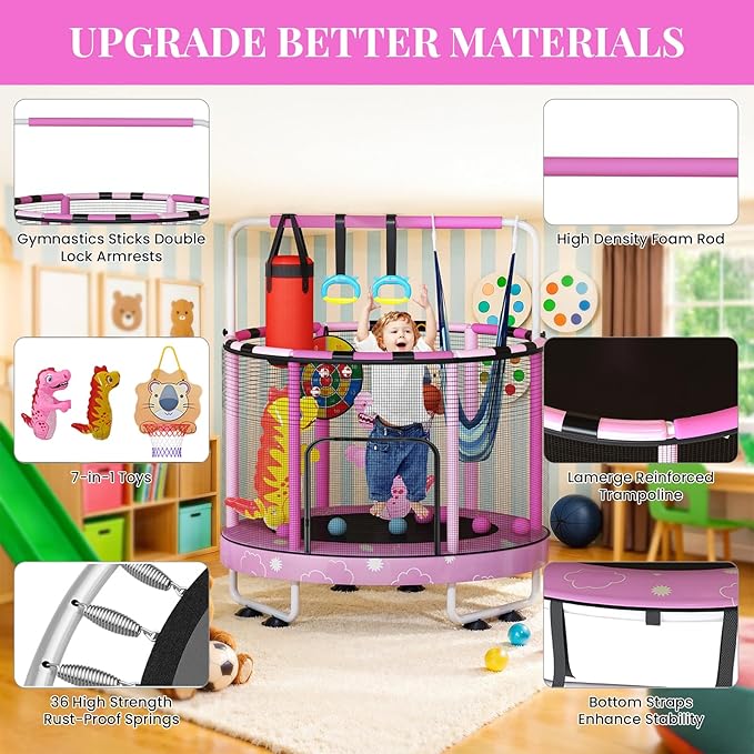 LAMERGE 55" 7-in-1 Round Trampoline for Kids Boys & Girls Ages 1-8, Indoor & Outdoor Trampoline for Fun, Adjustable Height Handrail ＆ Enclosed Safety Net ＆ Durable Designs for Toddlers Children
