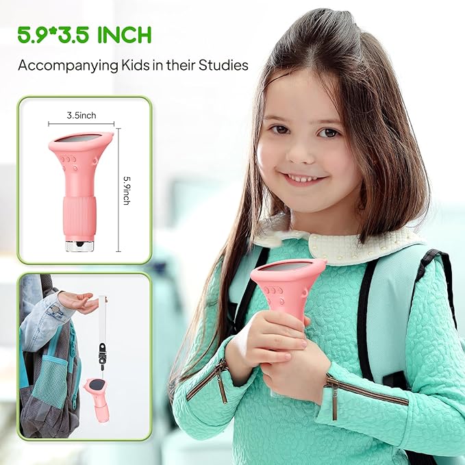 Kids Magnifying Glass, 2.0 Inch Digital Screen Mini Pocket Microscope for Bug - 200x Zoom Handheld Microscope with Adjustable Lights, Edu Birthday Gifts for Age 3-12 Girls