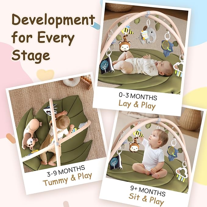 Infant Activity Center for Newborn to Develop Motor Cognition Leaves Leaf-Shaped Baby Play Gym & Activity Mat Extra Large Tummy Time Mat with 8 Detachable Toys