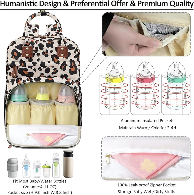 Diaper Bag Backpack Tote for Women Large Capacity, Baby with Insulated Pockets Multifunctional Bags For Girl Boy Waterproof Boys Girls Mama Maternity Travel Leopard