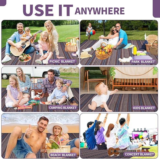 Picnic Blankets Outdoor Extra Large-Waterproof Picnic Blanket with Shoulder Carry Strap | Machine Washable Picnic Mat with Sandproof Backing for Park , Grass, Camping, Hiking, Concerts (Blue)