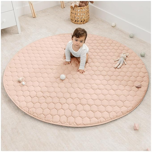 Comfy Cubs Round Kids Play Mat - Large 60 inches Soft Quilted Baby Floor Mat with Non-Slip Bottom - Plush Design for Toddlers' Playtime and Relaxation - Comfortable and Durable - Blush