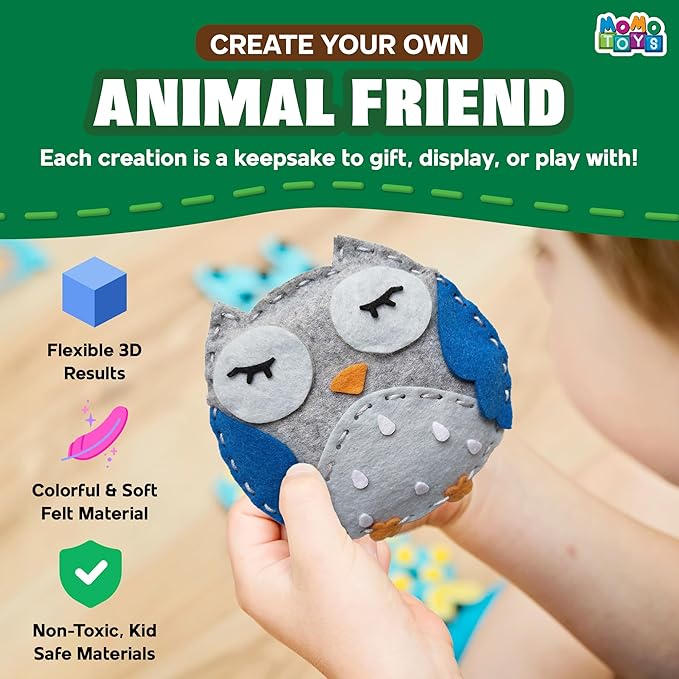 MOMOTOYS Woodland Animals Beginner Sewing Kit for Kids Ages 7+ – Includes 9 Kids Sewing Projects w/Tools & Art Supplies – DIY Felt Crafts for Girls & Boys – Craft Gift for 8, 9, 10, 11, 12 Year Old