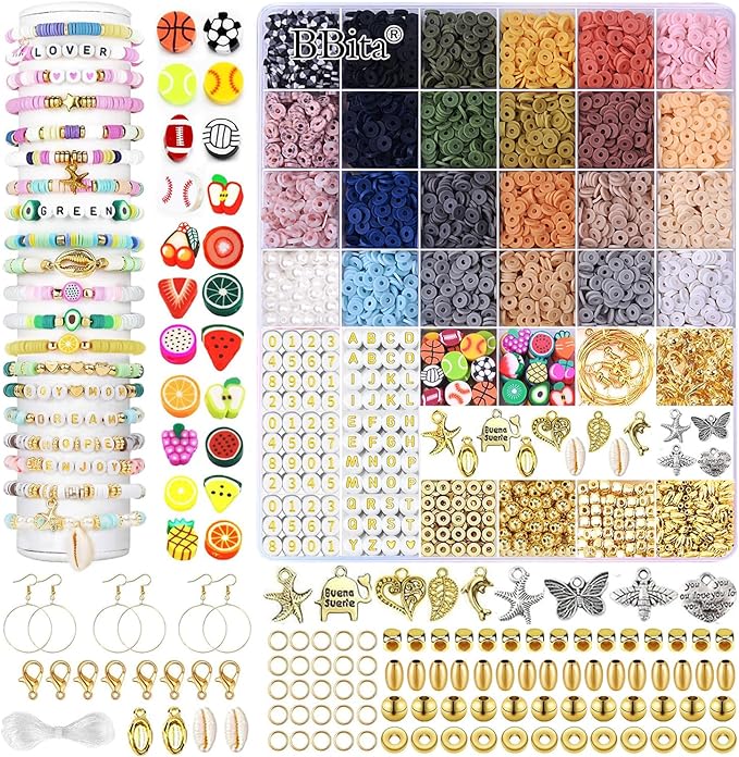 BBita 6680Pcs Clay Beads Bracelet Making Kit, Flat Preppy Beads for Friendship Bracelets, Polymer Clay Beads with Charms for Jewelry Earrings Necklaces Making Kit, Crafts Gifts for Girls Ages 6-12