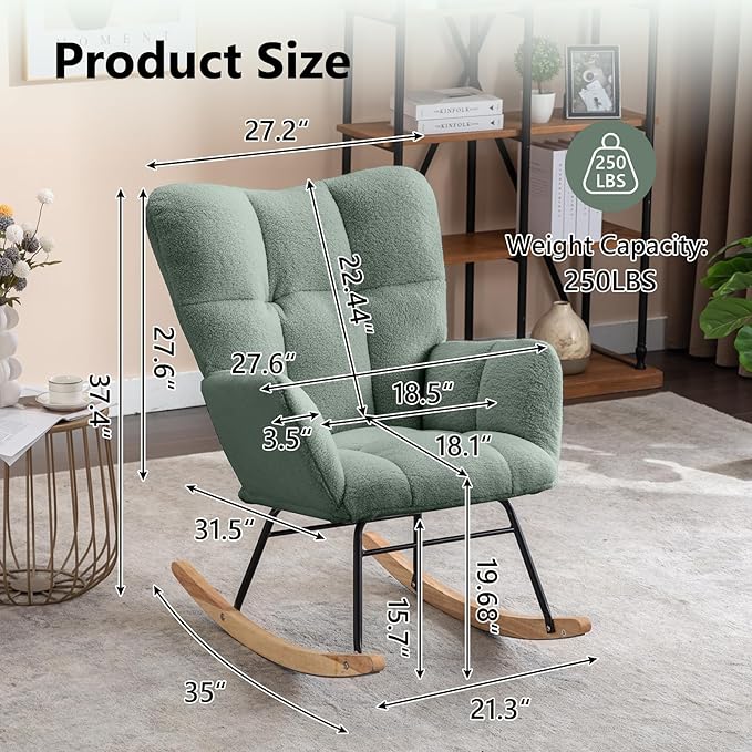 NIOIIKIT Nursery Rocking Chair Teddy Upholstered Glider Rocker Rocking Accent Chair Padded Seat with High Backrest Armchair Comfy Side Chair for Living Room Bedroom Offices (Olive Green)