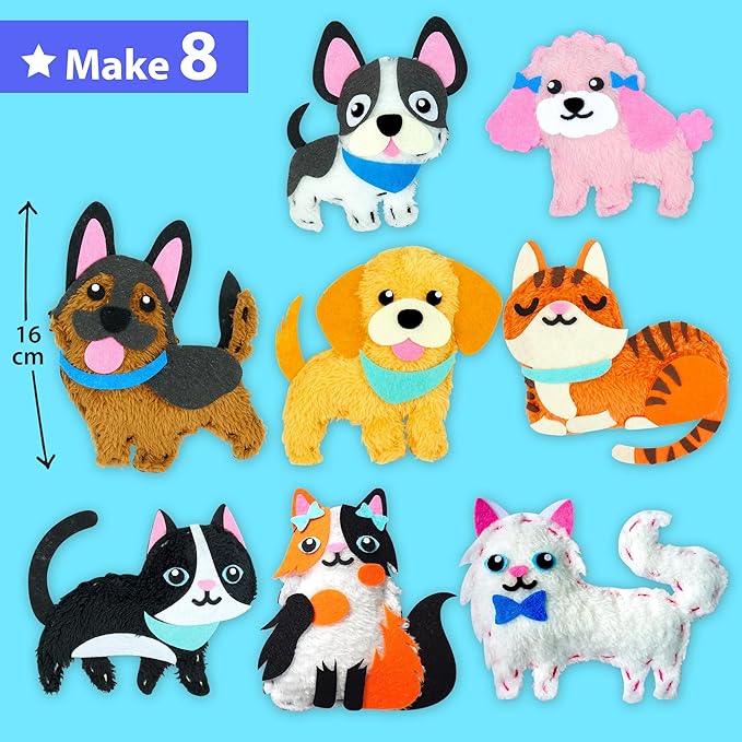 KRAFUN Easy Sewing Kit for Beginner Kids Arts & Crafts, 8 Easy DIY Projects of Stuffed Animal Dolls of Puppies & Kittens, Dogs and Cats, Instructions & Felt, Gift for Girls, Boys, Learn to Sew