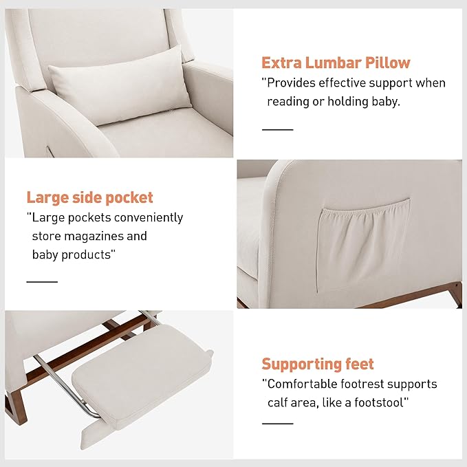 Rocking Chair Nursery Glider Chair with Foot Rest, Nursery Rocking Chairs with Rubber Wood Legs Side Pocket, High Back Nursing Chair, Accent Rocker Arm Chair Baby Bedroom, Living Room, Beige