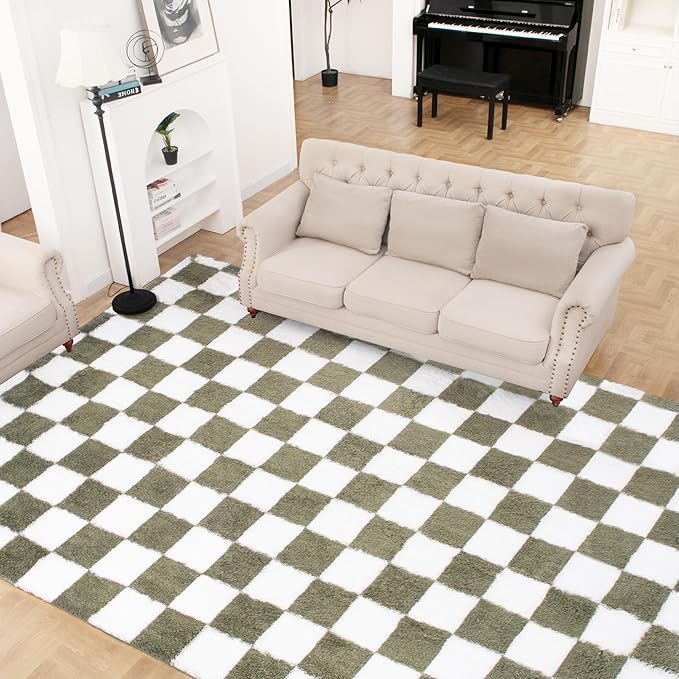 Super Soft Rug for Bedroom, 8x10 Ft Green and White Area Rug Classic Checkered Shaggy Anti-Skid High Pile Soft Fluffy Rug Fuzzy Carpet for Living Room Bedroom Kids Room Nursery, Dorm Home Decor