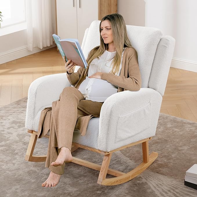 Rocking Chair Nursery, Sherpa Nursing Rocking Chairs, Upholstered Nursery Glider Rocker Wingback Morden Rocking Chair with Lumbar Pillow for Mom Nursery, Living Room, Bedroom, Teddy White