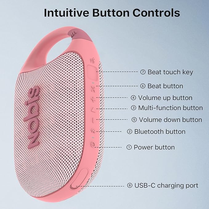 NOBIS Clip N1 Portable Bluetooth Speaker with App, Beat Mode, Up to 24H Playtime, IP68 Waterproof, BT 5.3, HD Sound, Stereo Pairing, Custom EQ, Perfect for Outdoor, Home and Adventure (Pink)