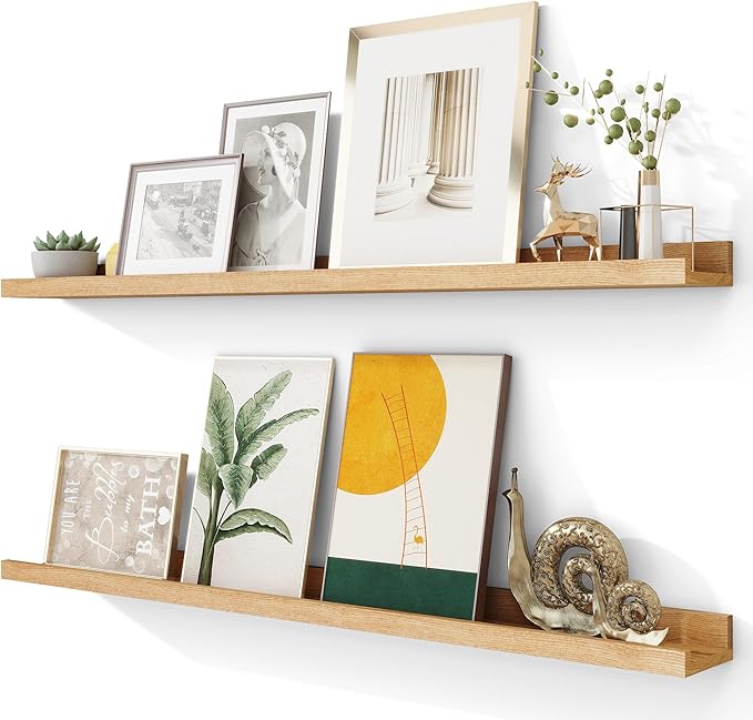 Solid Ash Wood Picture Ledge Shelf, Wood Floating Shelves Set of 2, 48 Inch Long Large Photo Ledge Shelves, Nursery Book Shelves Wall Mounted for Living Room Kids' Bedroom Decor, Natural