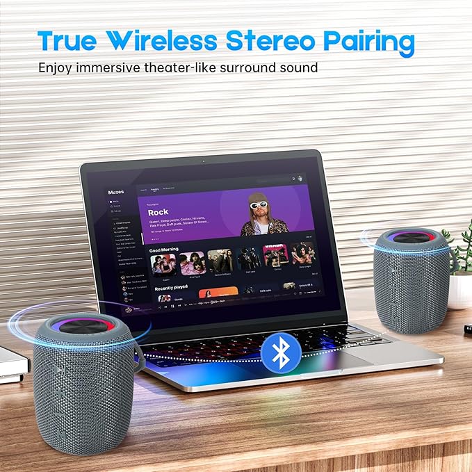 Portable Bluetooth Speaker, BT5.3 Wireless Speaker 20W Bass Diaphragms with Multi LED Light Dynamic Modes, IPX6 Waterproof 16H Playtime supports FM Mode, TF, USB for Home, Cycling, Outdoor, Beach