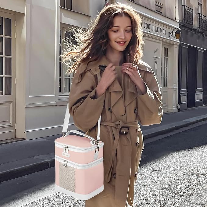 Mancro Breast Milk Cooler Travel Bag with Ice Pack, Double Layer Baby Bottle Cooler Bag Fits 6 Bottles Up to 9 Ounces,Insulated Bottle Bags for Daycare & Travel,Pink